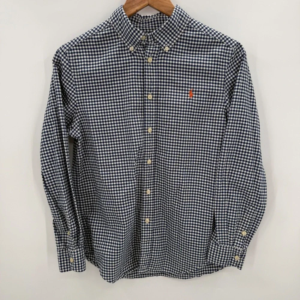 Ralph Lauren Boys‎ Large 14-16 Gingham Button Down Shirt Navy White Cotton